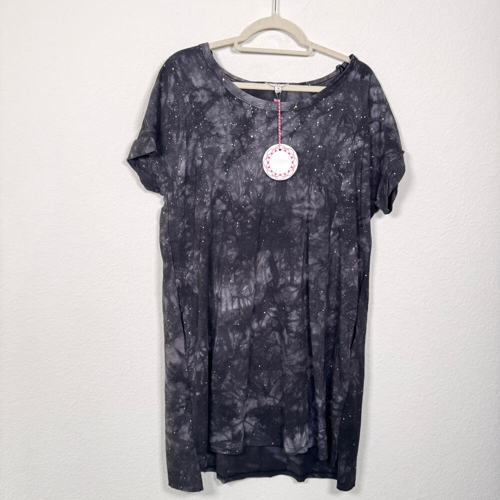 Umgee Womens Sparkle Tee Shirt Mini Dress Size M 100% Cotton Boho Tie Dye Gray